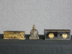 Two lacquered boxes and a bronze Buddha. The boxes are probably Russian and nineteenth century.