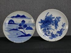 Two large blue and white porcelain plates. Twentieth century. D. 30 cm.