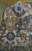 A large Indian painting on fabric. Framed and glazed. H.100 W.73 cm.