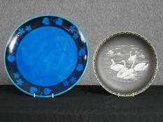 Two Minton dishes. The blue dish decorated with flowers the other with swans. The largest with a