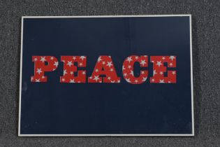 Print. A peace signed decorated with stars. Framed and glazed. Glass cracked. H.59cm L.84cm