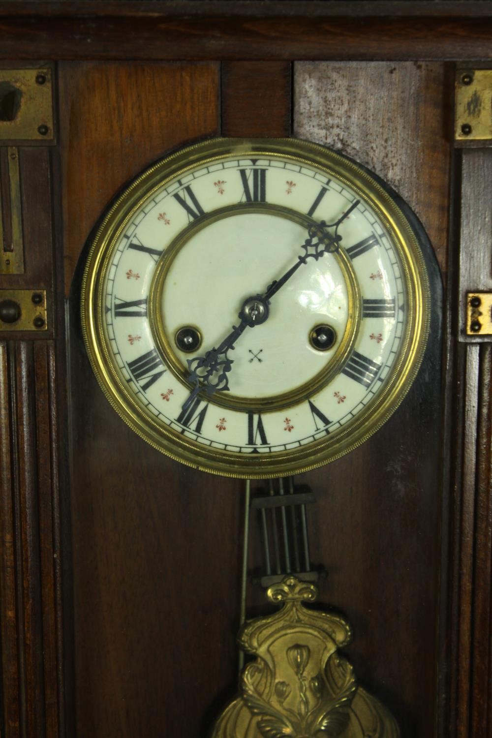 Wall clock, late 19th century mahogany with Art Nouveau style brass mounts. H.70 W.30 cm. - Image 2 of 5