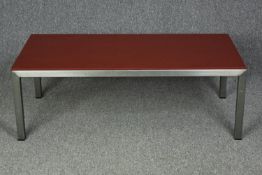 Coffee table, industrial style metal with painted glass top. H.42 W.122 D.41cm. (Small chip to one
