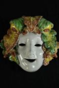 Ceramic mask. Italian Art Deco style Bacchus. Majolica Pottery. H.23 W.23 cm.