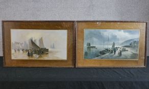 F. Arnold (German). Two framed and glazed, oil on board, fishing scenes. H.37 x W.56 cm.