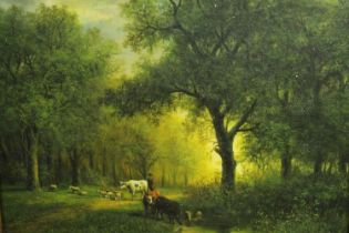 Oil painting on board. Rural scene. A farmer with cattle in a wooded glade. Nineteenth century. In a
