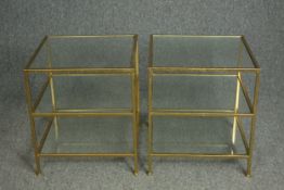 Bedside tables or lamp tables, pair, gilt metal and glass. H.51 W.45 D.45cm.