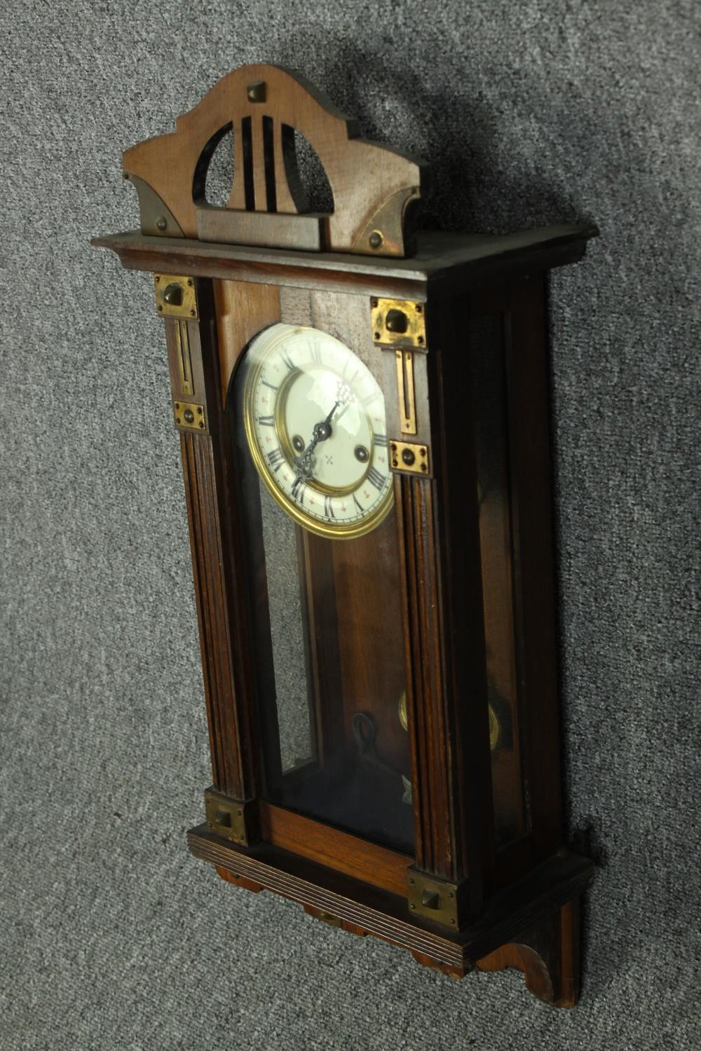 Wall clock, late 19th century mahogany with Art Nouveau style brass mounts. H.70 W.30 cm. - Image 3 of 5