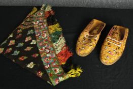 A pair of Arabic embroidered leather slippers size 40 along with an Indian 19th century silk