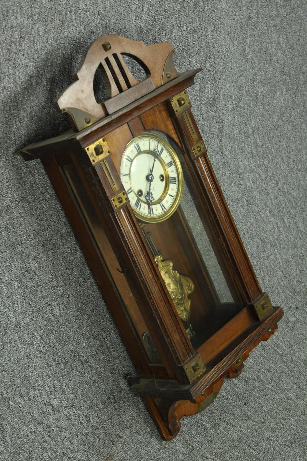 Wall clock, late 19th century mahogany with Art Nouveau style brass mounts. H.70 W.30 cm. - Image 4 of 5