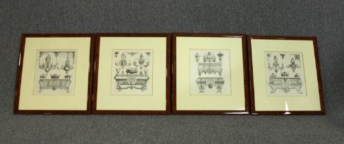 A set of four engravings. Ornament designs by Jean Berain. Eighteenth century style. Framed and