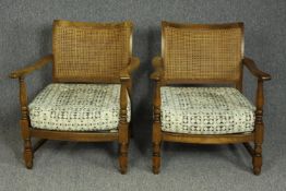 Armchairs, pair, mid century vintage, oak framed.