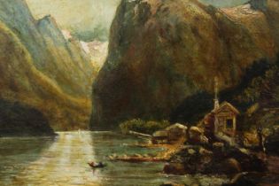 Oil on canvas. Titled 'Fishing on the Yellow River, China'. Unsigned. Early twentieth century.