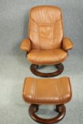 An Ekornes leather upholstered reclining armchair and the matching footstool.