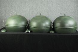A set of three matching green ceiling lights. Wired in an Italian style braided cable. Probably