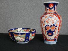 Imari, hand painted porcelain vase and bowl. Twentieth century. H.31 W.16cm.