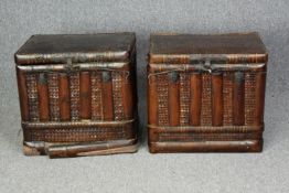 Storage boxes, a pair Chinese bamboo with woven panels and inscription. H.56 W.59 D.43cm. (each)