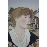 Watercolour portrait of a young woman and a horse. Unsigned. Mounted. H.56 W.42 cm.