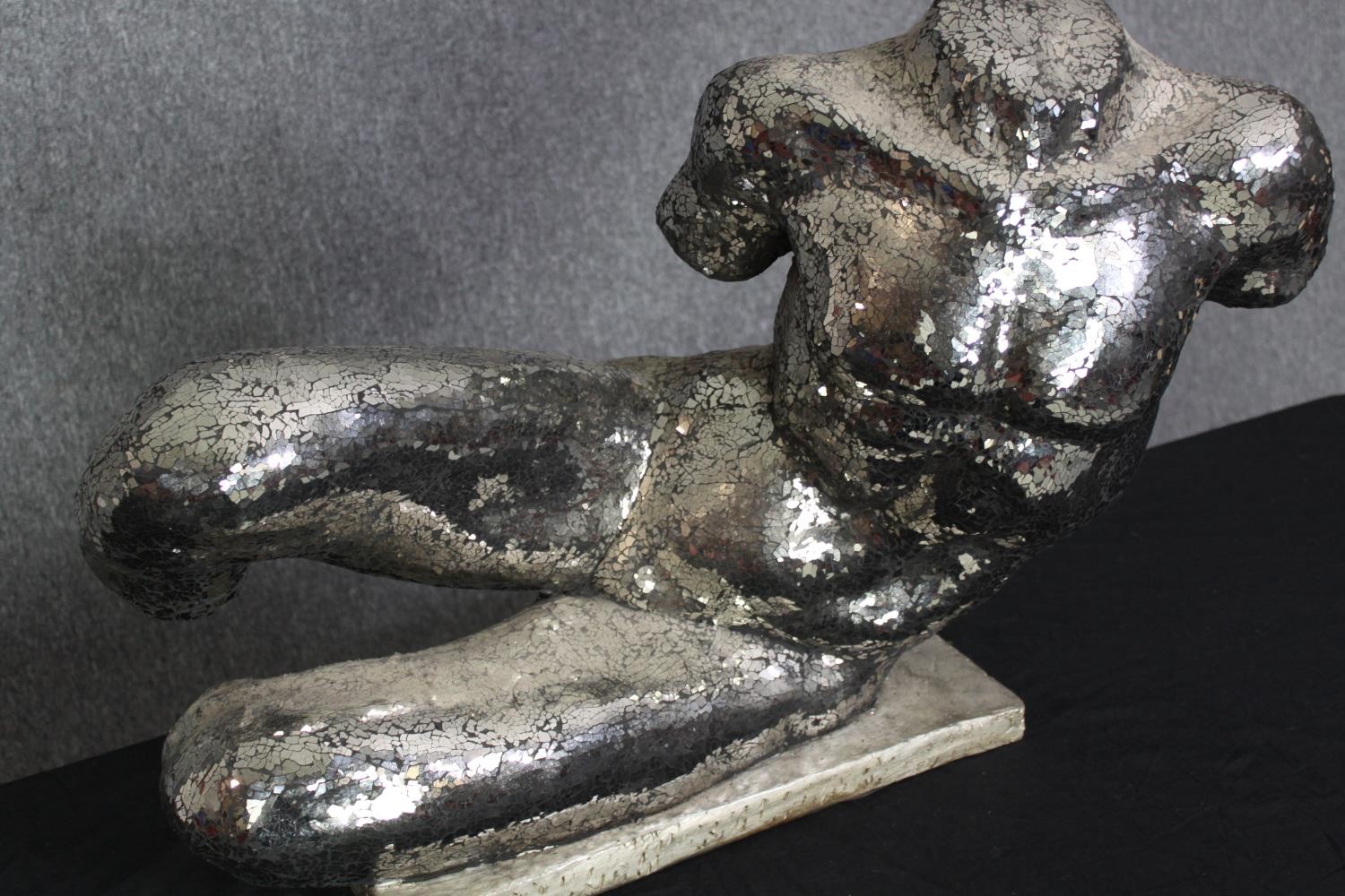 A reclining torso of a man covered in mosaic mirror pieces mounted on a faux marble base. H.53 W. - Image 2 of 5