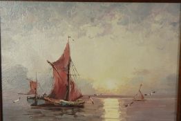 C Alexis (20th Century), oil on canvas of sailing boats at sunset, signed C. Alexis. Framed. H.47