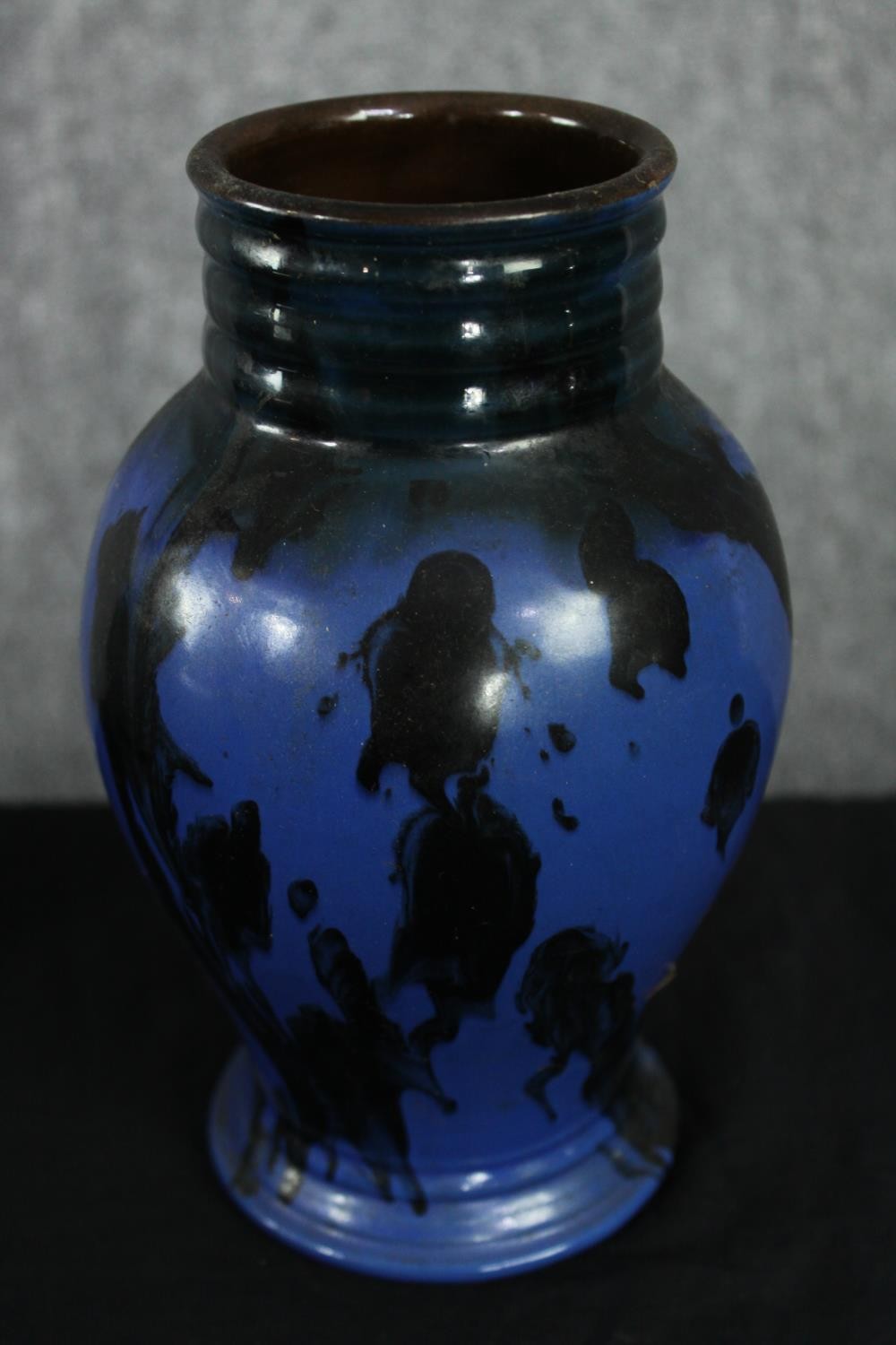 A two-handled pottery vase, by Alpho with blue/green drip glaze on a blue ground along with three - Image 5 of 8