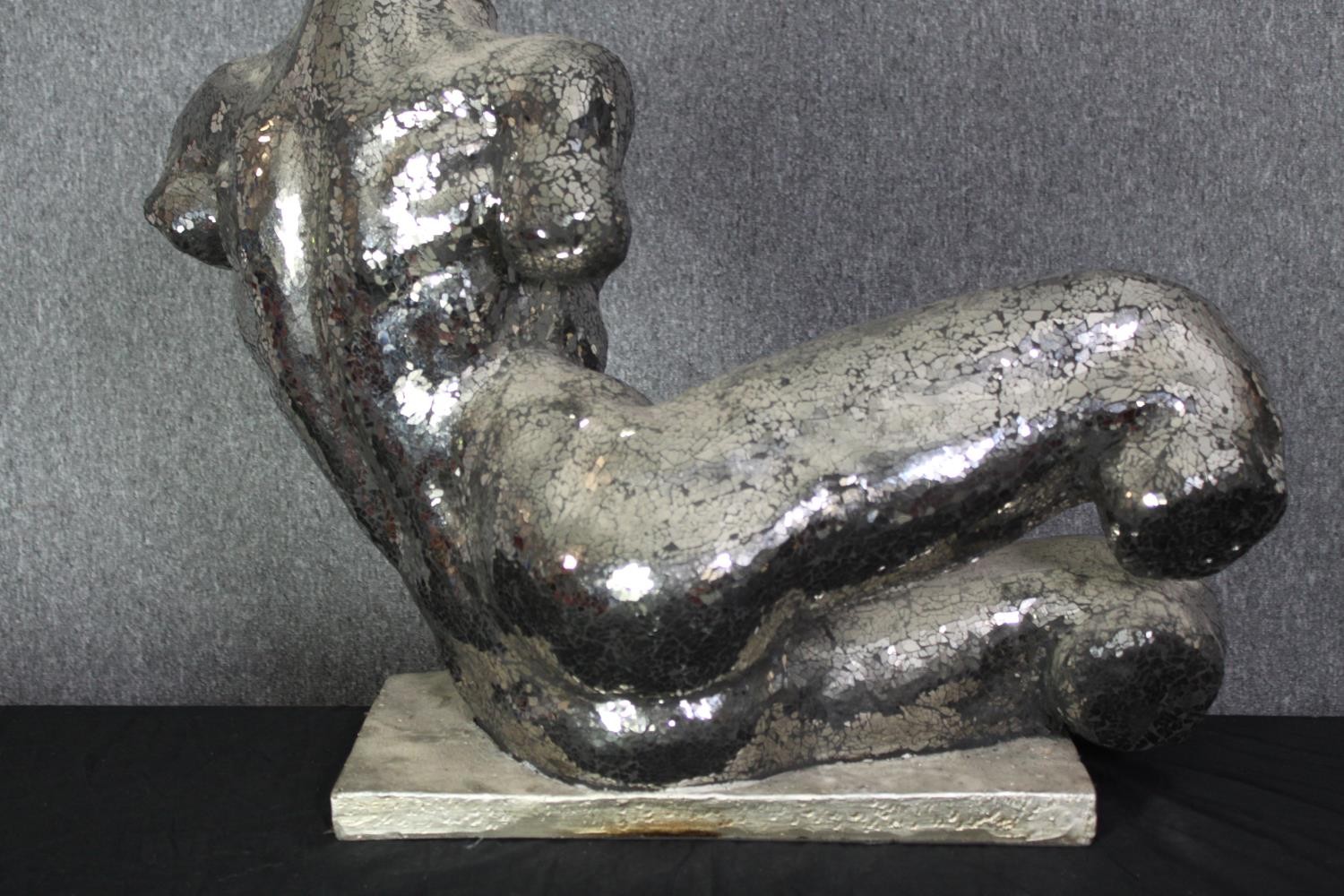 A reclining torso of a man covered in mosaic mirror pieces mounted on a faux marble base. H.53 W. - Image 4 of 5