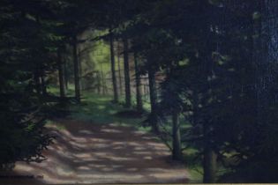 Oil on board. A clearing or maybe a path in a forest. Signed indistinctly on the back. Early