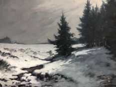 Oil on board. A snow covered landscape. Signed indistinctly lower right. H.63 W.73 cm.