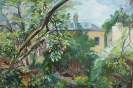 Oil on canvas. Hampstead garden scene. Christchurch Hill. Framed. H.75 W.87 cm.