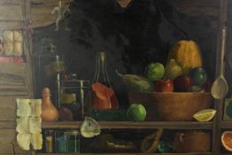 A large framed oil on board. Still life of a pantry shelf, unsigned. With some damage. H.65 W.128cm.