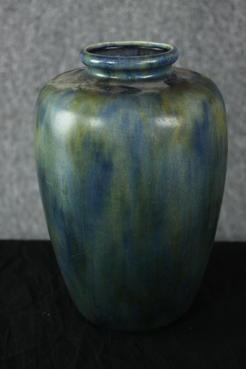 A two-handled pottery vase, by Alpho with blue/green drip glaze on a blue ground along with three - Image 2 of 8