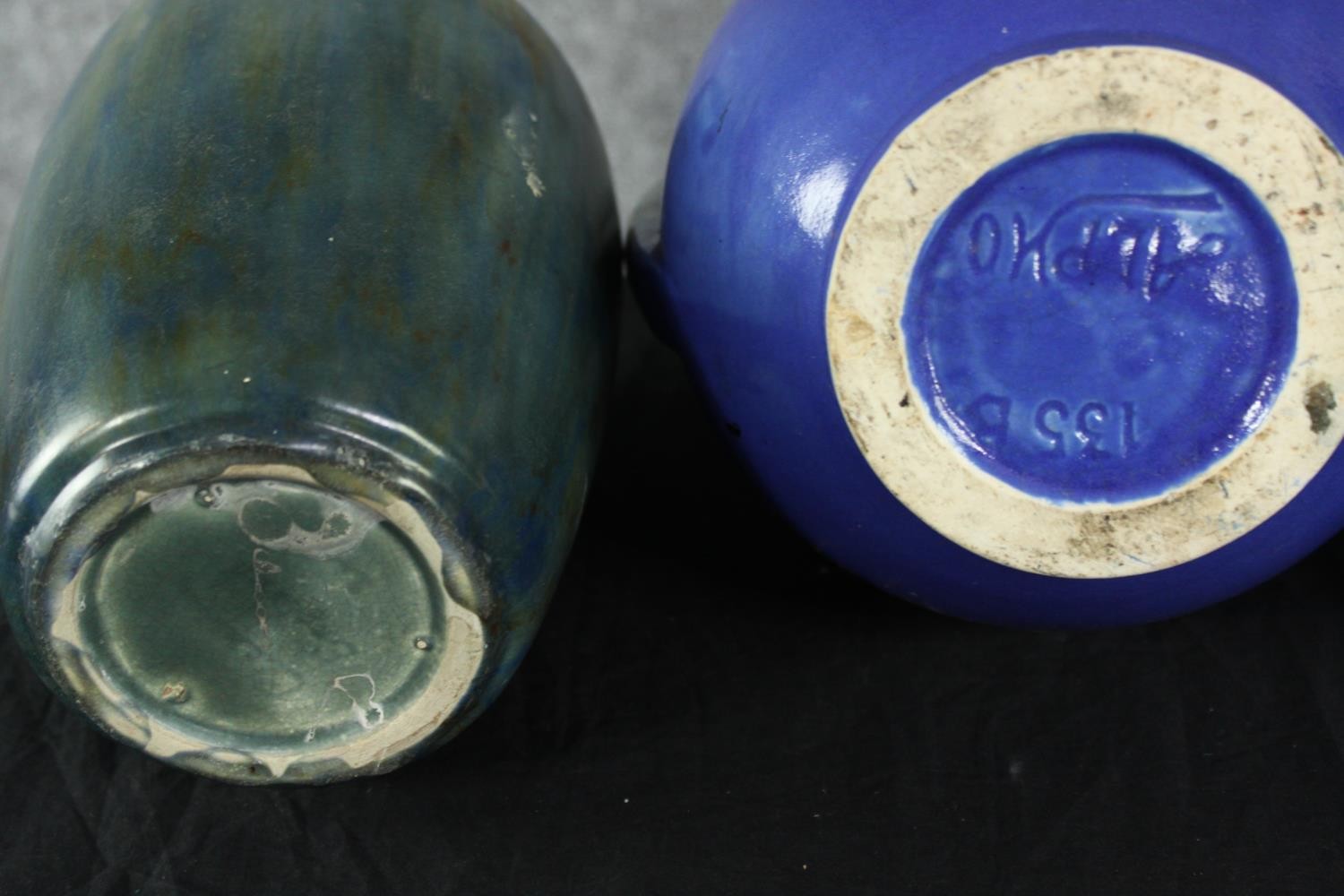 A two-handled pottery vase, by Alpho with blue/green drip glaze on a blue ground along with three - Image 7 of 8