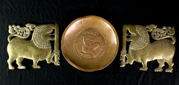 A pair of Sri Lankan Kingdom of Kandy brass emblem plaques with engraved detailing along with a