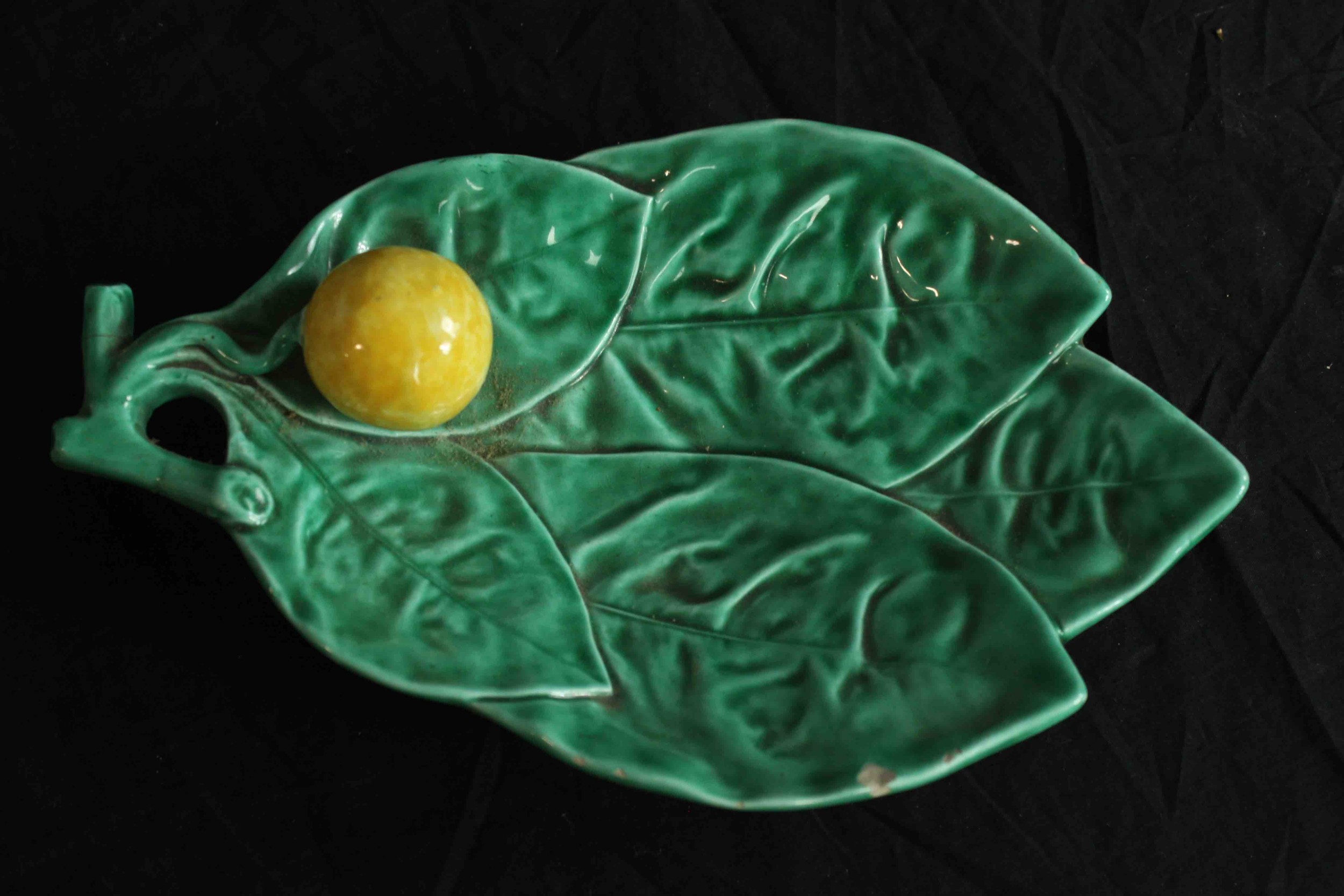 A collection of green and yellow porcelain made by 'L&H' Pottery. Two dishes, a jug, and a lemon - Image 3 of 12