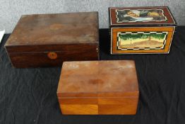A collection of early 20th century boxes, including a Victorian writing slope with green velvet