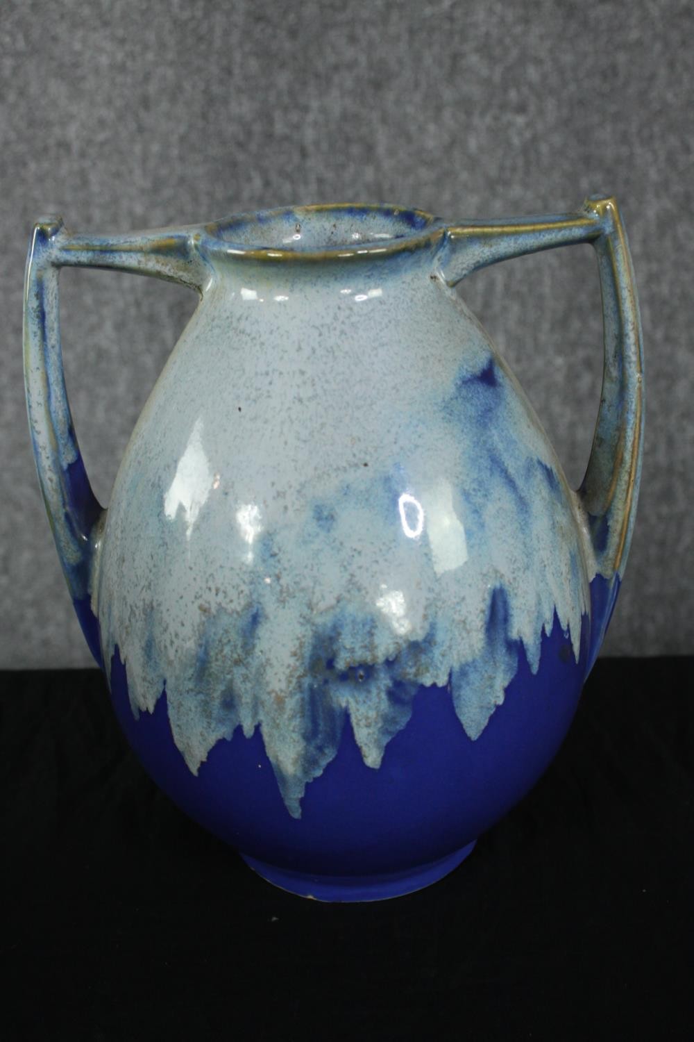 A two-handled pottery vase, by Alpho with blue/green drip glaze on a blue ground along with three - Image 3 of 8