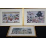 Three Indian prints. Court scenes. Framed and glazed. H.30 W.40 cm.