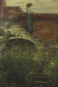 A framed early 20th century oil on board of a lady in a hat by a wall in a garden, unsigned. H.43