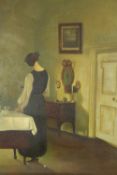After Carl Vilhelm Holsøe (Danish, 1863-1935), oil on canvas, parlour interior scene with figure.