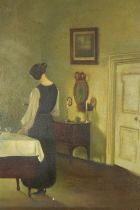 After Carl Vilhelm Holsøe (Danish, 1863-1935), oil on canvas, parlour interior scene with figure.