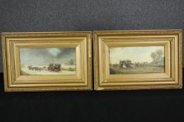 Two 19th century gilt framed oils on canvas of horse pulled carriages, unsigned. H.36 W.53cm.