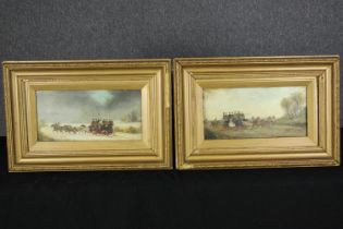 Two 19th century gilt framed oils on canvas of horse pulled carriages, unsigned. H.36 W.53cm.