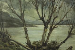 Alan J Bowyer (1902-1986) oil on canvas, winter lake scene, signed A.J. Bowyer. In a gilt frame. H.