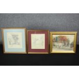 A watercolour and two drawings. The watercolour titled 'Sutton Road' and dated 14/11/1925. Signed