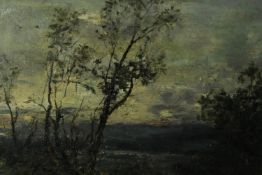 A framed early 20th century oil on canvas of trees in a landscape, indistinctly signed. H.55 W.65cm.