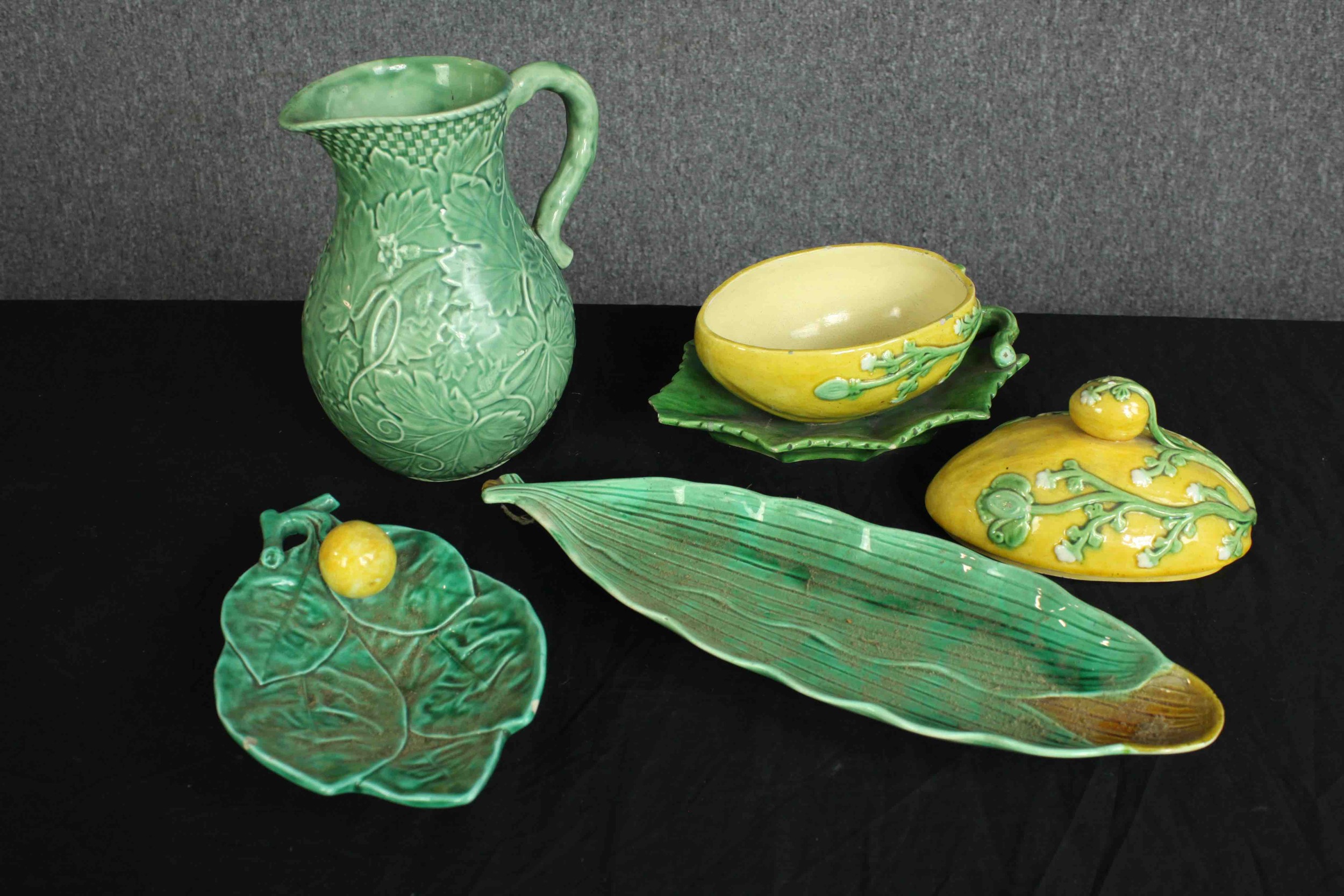 A collection of green and yellow porcelain made by 'L&H' Pottery. Two dishes, a jug, and a lemon - Image 2 of 12