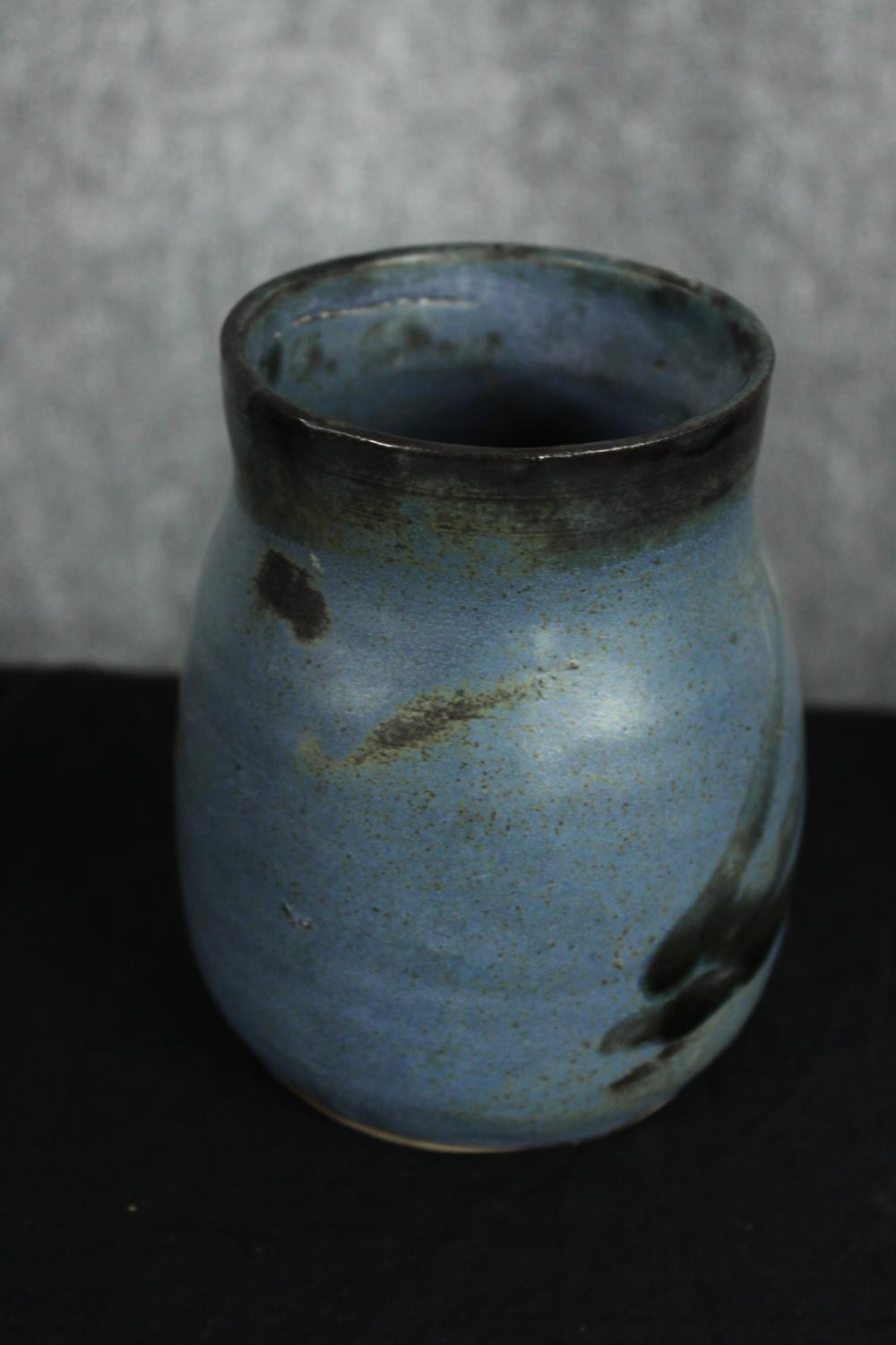 A two-handled pottery vase, by Alpho with blue/green drip glaze on a blue ground along with three - Image 6 of 8