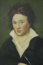 Hand coloured engraving of Percy Bysshe Shelley. Signed bottom right by the the artist. Framed, H.70