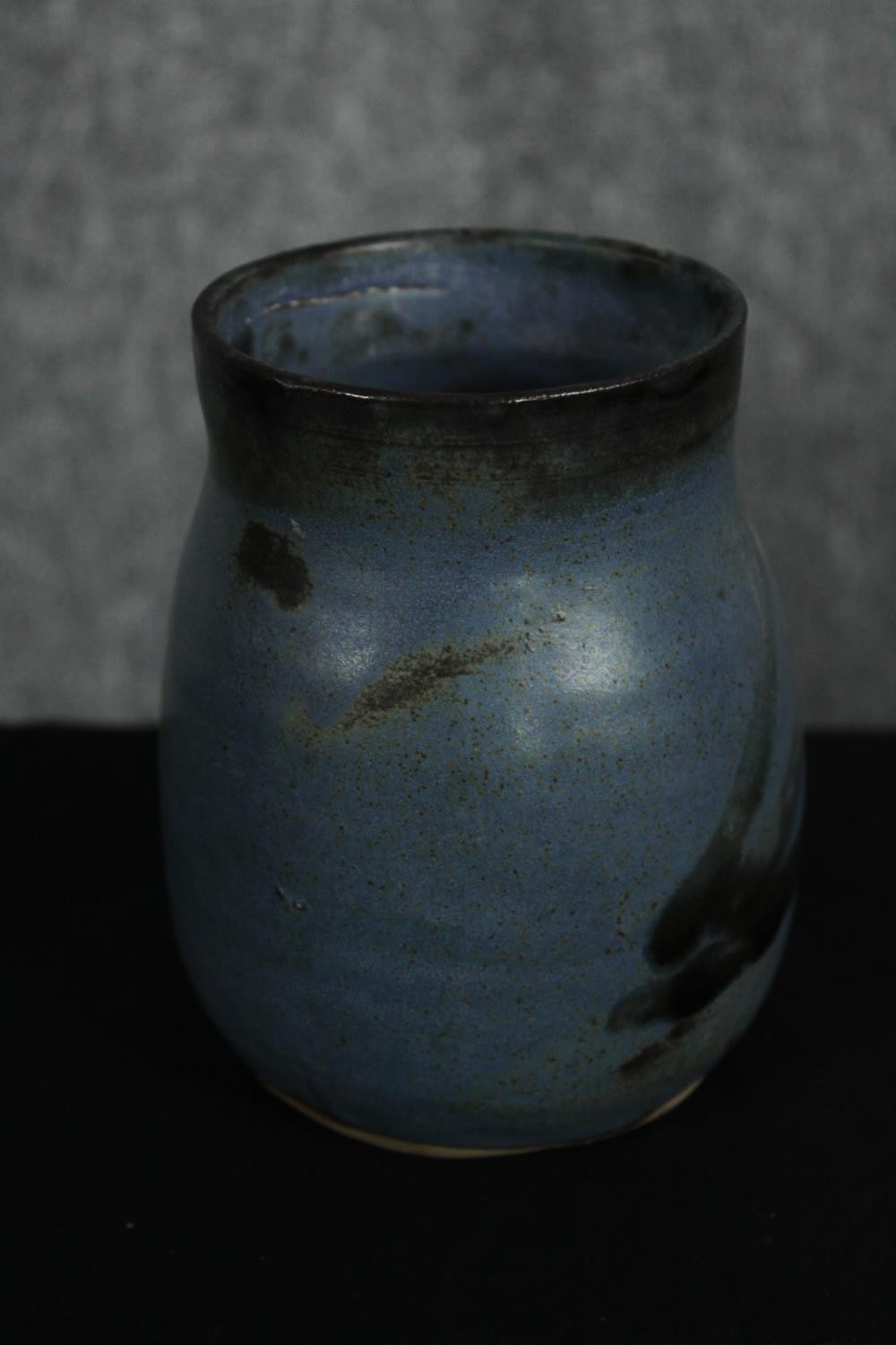 A two-handled pottery vase, by Alpho with blue/green drip glaze on a blue ground along with three - Image 4 of 8