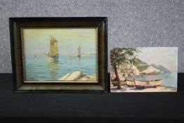 Two oil paintings on board. Harbour scenes. Both signed indistinctly by two different artists. H.